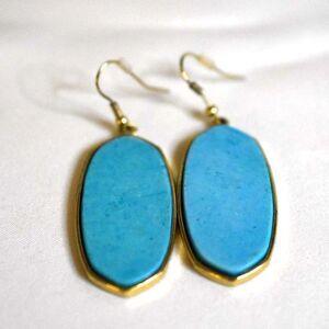 Southwestern Boho Faux Turquoise Stone Inlay 2" Gold Tone Accent Dangle Earrings